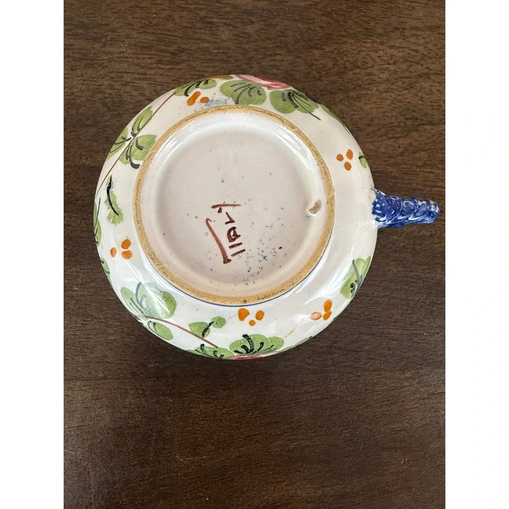 Vintage Majolica Italy Floral Stoneware Teacups and Saucers Set‎ of SIX (6)